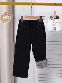 SHEIN Genkimix Kids 1pc Young Boys' Thermal Lined Straight Leg Jeans, Suitable For Everyday Wear, Outdoor Activities, Commuting, School, Autumn/Winter