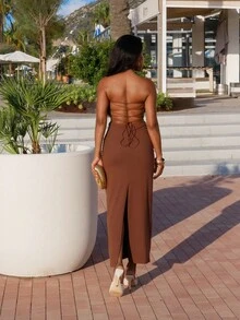 Yess Loren 女式简约纯色前扭纹露背细肩带夏季连衣裙 - 棕色 - 查看 2
