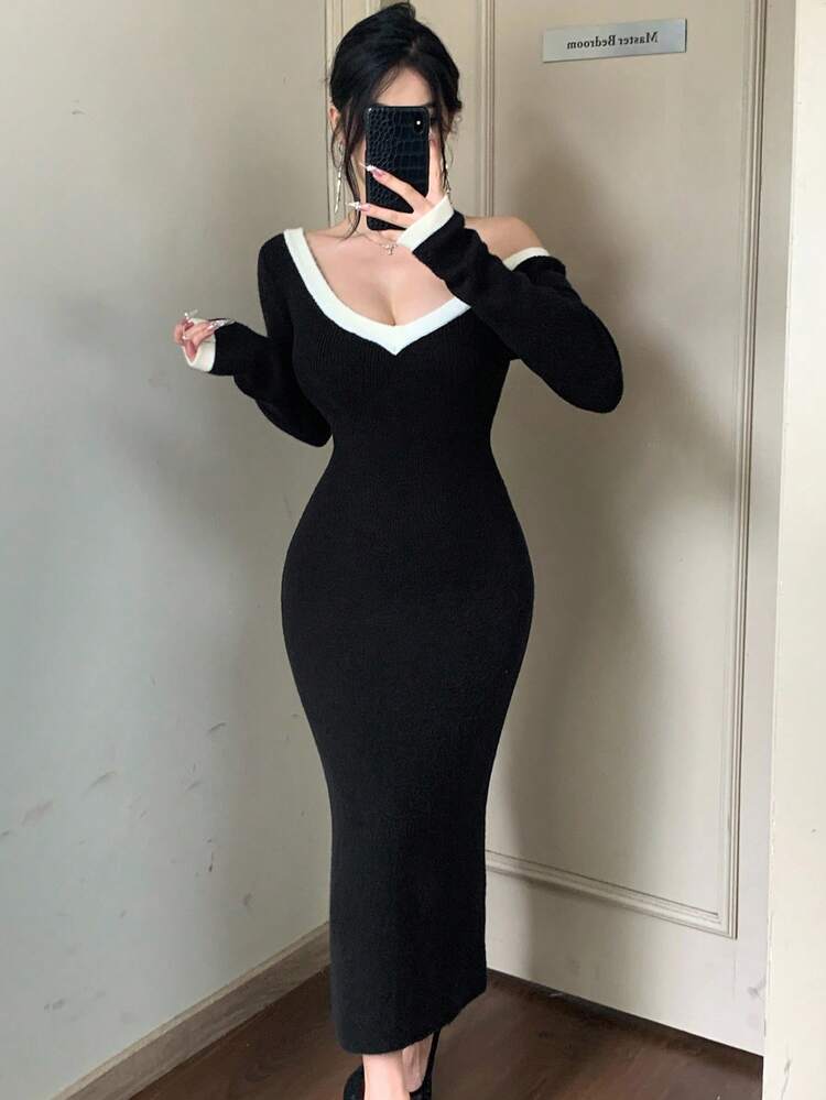 Women's Elegant Off-Shoulder Bodycon Dress, Color Block Patchwork Design, Suitable For Wedding, Party, Ball, Autumn/Winter Sweater Dress