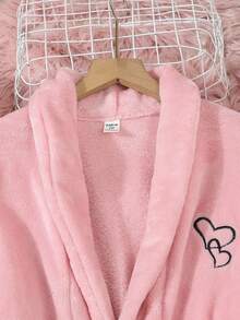 少女粉色优雅梦幻心形刺绣法兰绒长袖长袍睡衣 - 粉色 - 查看 3