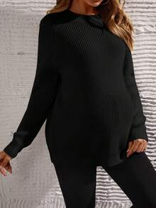 SHEIN Pull tricoté à fente latérale avec nœud, couleur unie, décontracté, pour la maternité, automne/hiver - Noir - Voir 4