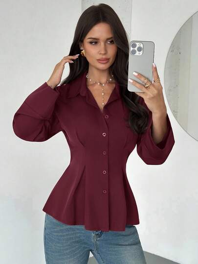 Firerie Damskjorta med elegant, vinröd långärmad passform, lämplig för daglig pendling, affärsförhandlingar, arbetsuniformer, lärarkläder/höstkläder för kvinnor/hösttopper/topper för skolan/kläder för skolan/lärarskjortor/utflyktstoppar/affärskläder för kvinnor