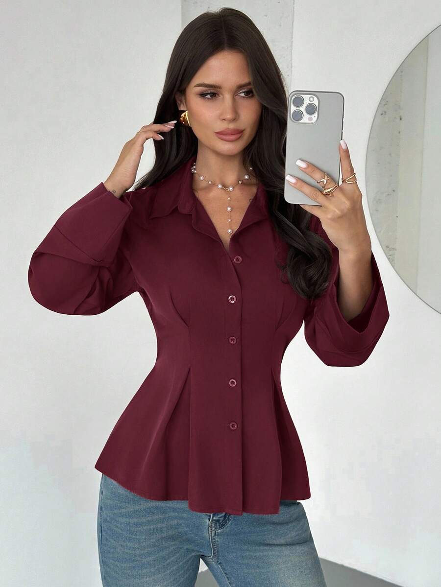 Firerie Women's Casual Elegant Waist-Cinched Brown Long-Sleeved Shirt, Suitable For Daily Commuting, Business Negotiations, Work Uniforms, Teacher Outfits/Fall Women Clothes/Fall Tops/Tops For School/Back To School Outfits Women/Teacher Shirts/Going Out Tops/Business Casual Woman,Red Top - Burgundy - View 1