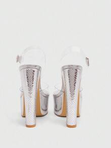 CUCCOO LuxiPop Giày cao gót đế tròn dày chống thấm nước cho nữ, chất liệu da rắn PU màu bạc và PVC trong suốt, thời trang thoải mái, dự tiệc hàng ngày, quai khóa, thích hợp đi chơi ngoài trời - Bạc - Xem 6