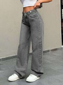 EURMUSE Low Waist Button Detailed Snow Wash Straight Cut Jean - Grey - View 8
