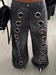StreetHx 女士休闲街头 Y2K，Y2K 服装 Y2K 复古朋克哥特 2000 年代风格金属装饰做旧 PU 皮裤，秋冬
