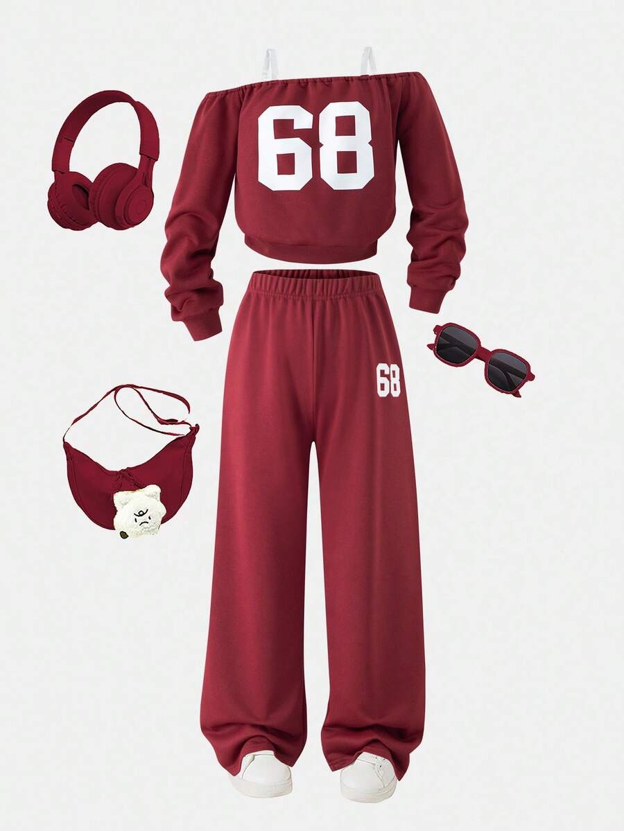 2pcs/Set Tween Girls' Off-Shoulder Sweatshirt And Loose Fit Sweatpants Casual Sports Suit, Autumn/Winter - Burgundy - View 1