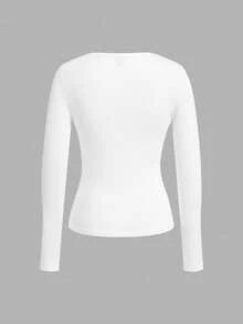 SHEIN EZwear 3件套女士深V领紧身休闲长袖T恤套装，白色，秋冬 - 白色 - 查看 3