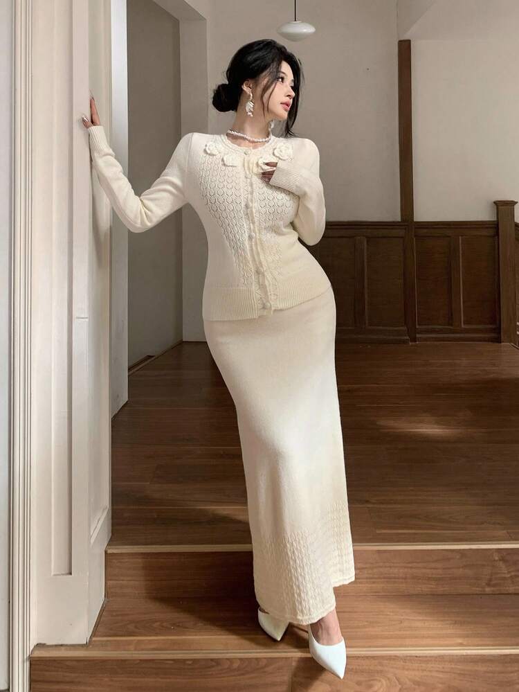 Women's Floral Decor Cardigan Sweater And Long Skirt Elegant 2 Pieces Set