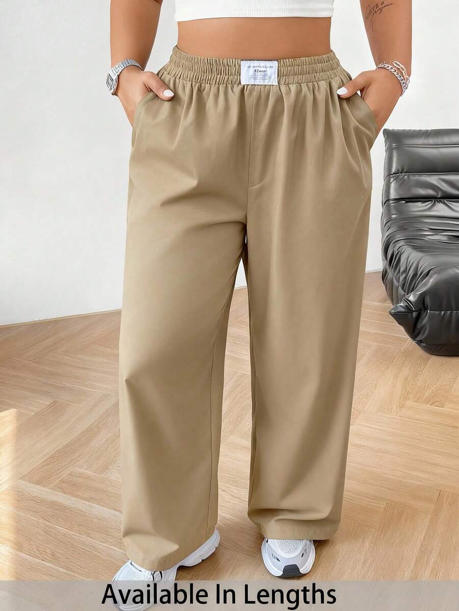 SHEIN PETITE CURVE Quần ống rộng màu đen thường ngày cỡ lớn dành cho nữ - Màu Khaki - Xem 1