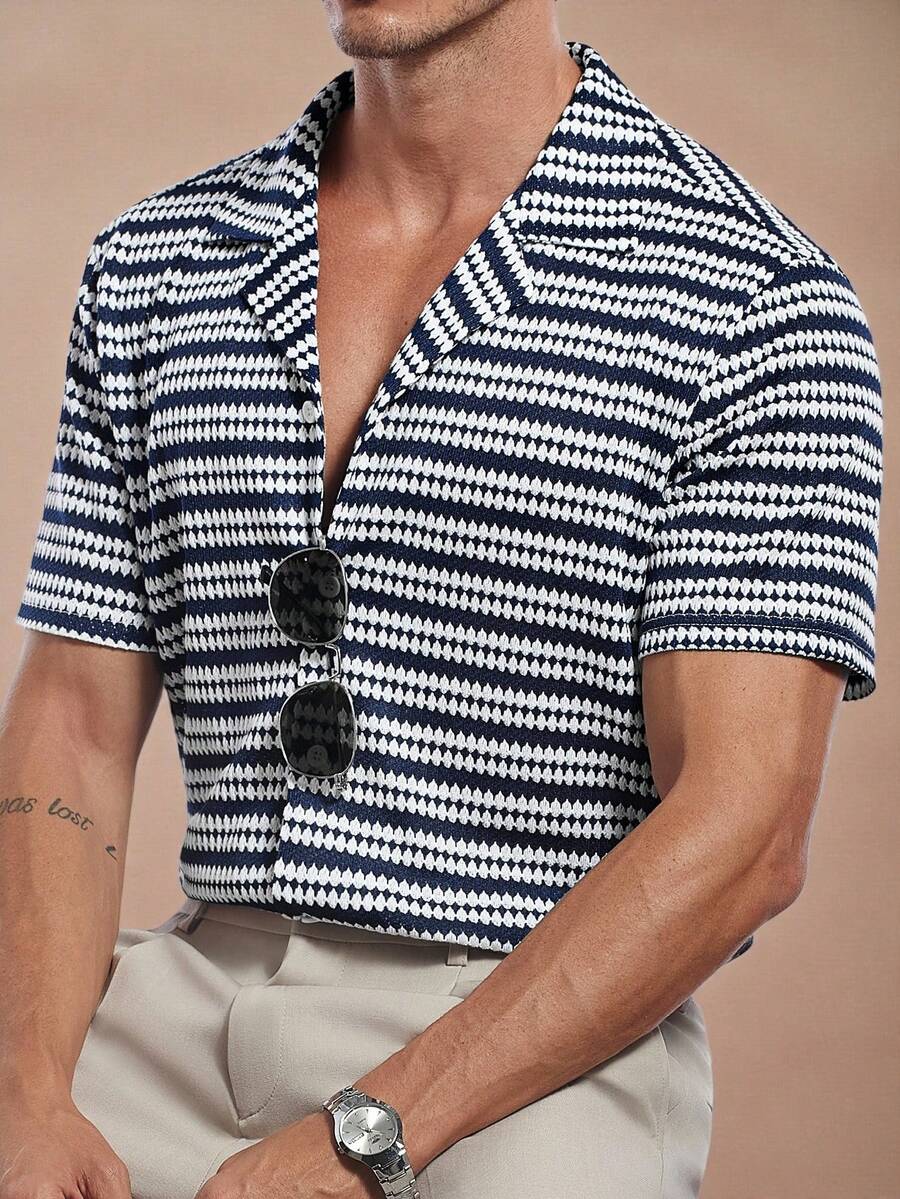 Manfinity Homme Camisa de manga corta casual de rayas jacquard tejida para hombres - Azul - Ver 1