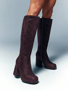 SHUZIA Women's Glamorous Comfortable Faux Suede Square Toe Platform Knee-High Boots With Inner Zipper - Brown - View 2