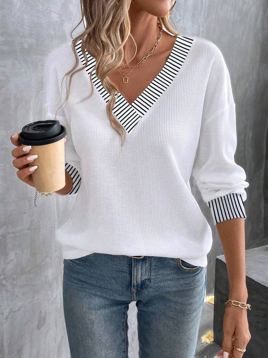 SHEIN LUNE New Fashion Women's Printed Striped Contrast Collar V-Neck T-Shirt - Multicolor - View 1