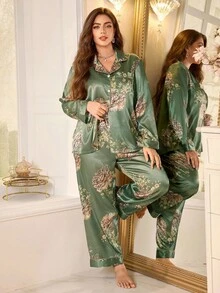 SHEIN 加大码女式花卉印花梭织睡衣套装，弹力优雅纽扣前开长袖上衣和长裤，秋季服装 - 綠色 - 查看 7