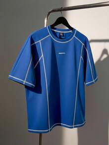 Manfinity VCAY 男士针织休闲宽松短袖T恤 - 藍色 - 查看 3