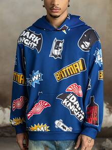 BATMAN X SHEIN Men's Casual Letter Graphic Pocket Hoodie, Autumn, Long Sleeve Top - Navy Blue - View 4