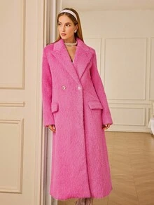 Aveloria Rosie Elegant Lady's Straight Shoulder Square Rhinestone Button Lapel Long Sleeve Long Wool Blend Coat - Pink - View 6