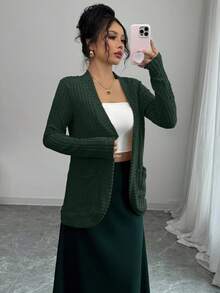 EMERY ROSE Women's Casual Ribbed Brushed Open Front Side Pocket Shorts Jacket, Lightweight - Green - View 1