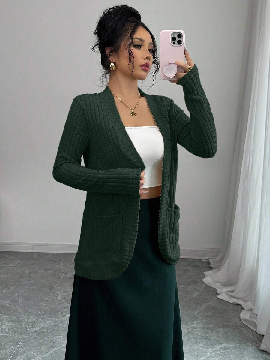 EMERY ROSE Women's Casual Ribbed Brushed Open Front Side Pocket Shorts Jacket, Lightweight - Green - View 1