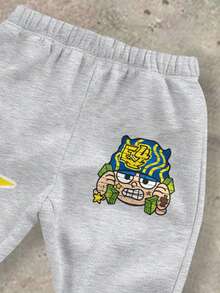 SHEIN Tween Boy Y2K 休闲简约街头涂鸦卡通运动宽松连帽衫和喇叭裤两件套，适合秋冬季 - 彩色 - 查看 6