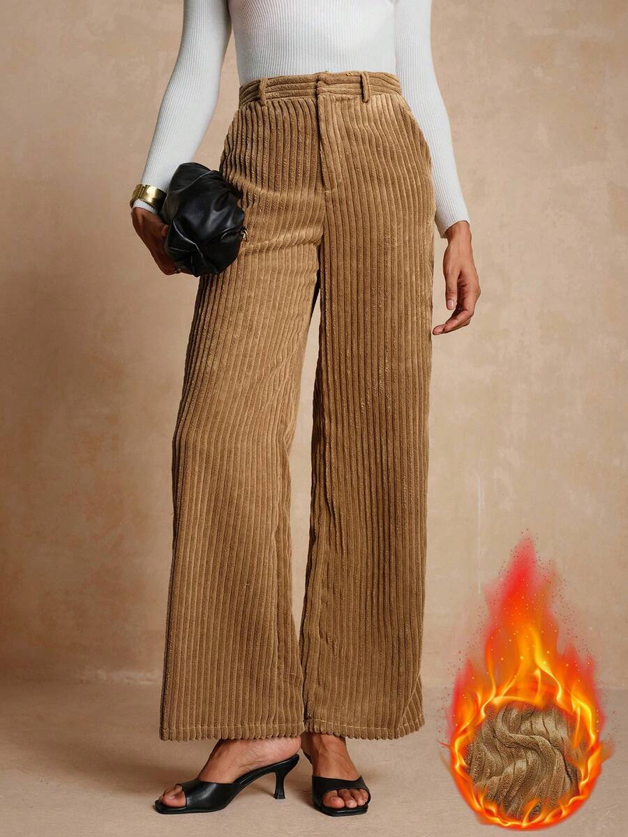 Vesra Women's Wide Leg Pants With Corduroy Texture And Side Pockets - Coffee Brown - View 1