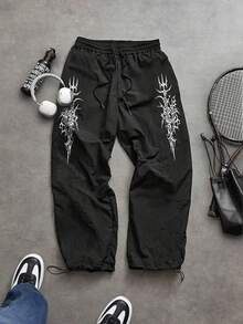 Manfinity Sport Corelite 男士撞色印花T恤和运动裤套装，透气吸汗，舒适修身，适合健身训练，哥特风健身服，哥特式运动服，男士健身服，万圣节运动服，健身套装，运动套装，男士压缩衣 - 黑色 - 查看 4