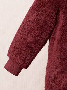 SHEIN 儿童男孩可爱熊刺绣卡通连帽长袖连体衣，休闲连体衣，适合学校、花园、海滩、生日、春季、夏季、秋季、冬季 - 酒紅色 - 查看 5