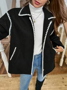 LanaWest 女士西部波西米亚风黑色龙凤图案布料领肩部刺绣花卉饰边长袖外套 - 黑色 - 查看 1