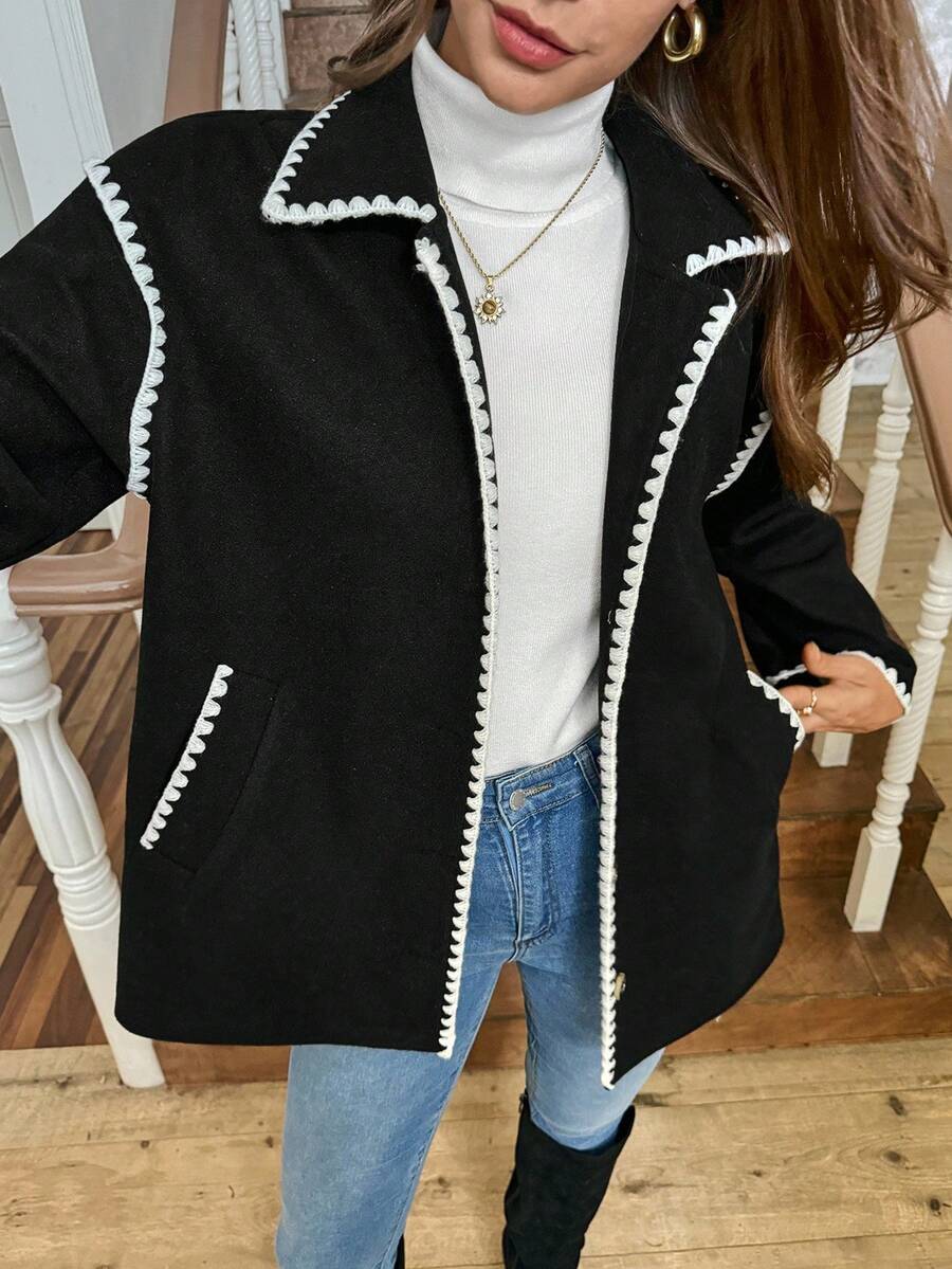 LanaWest 女士西部波西米亚风黑色龙凤图案布料领肩部刺绣花卉饰边长袖外套 - 黑色 - 查看 1