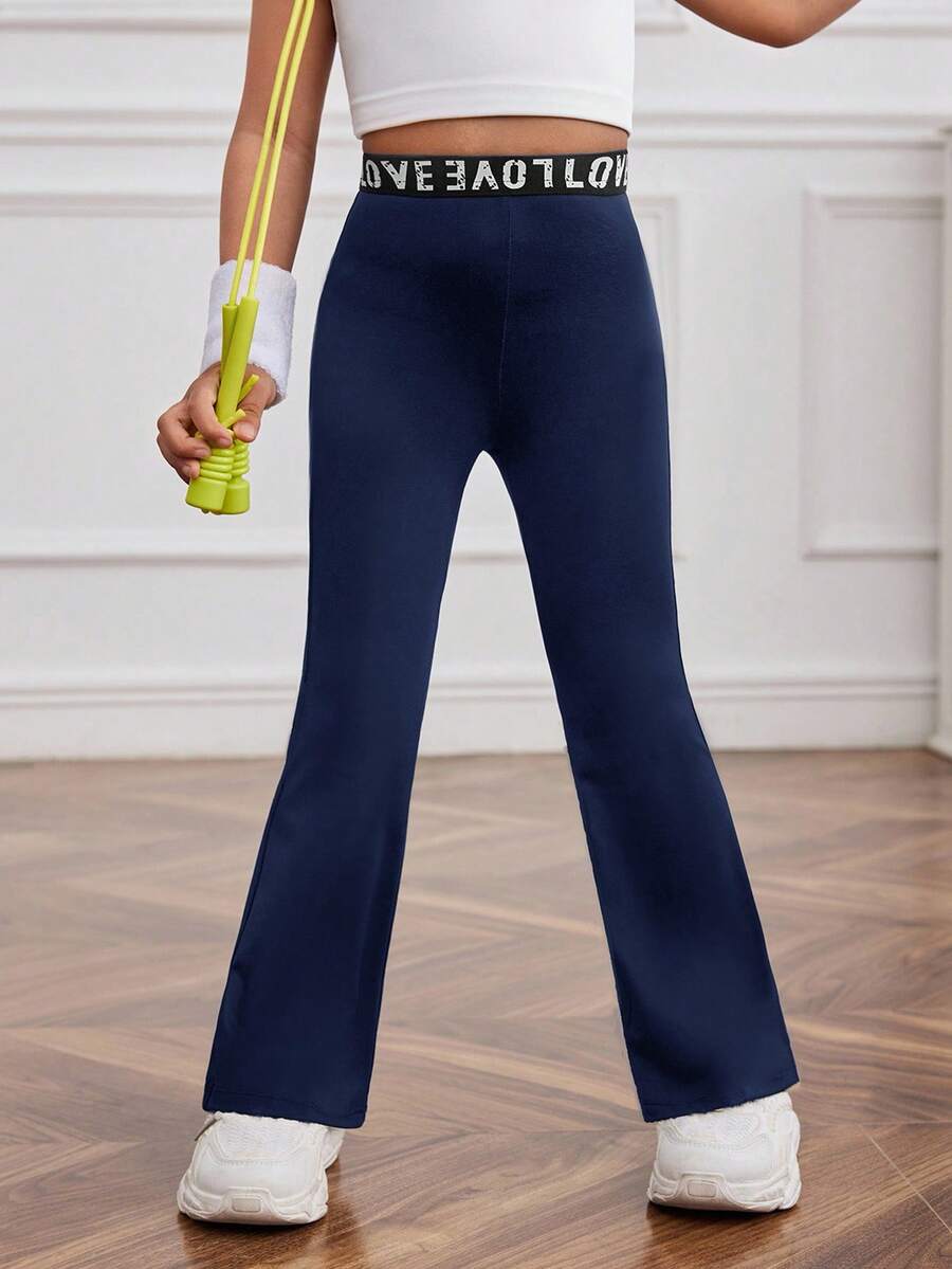 SHEIN Quần ống loe cạp cao họa tiết chữ trơn màu cho bé gái - Màu xanh lam - Xem 1