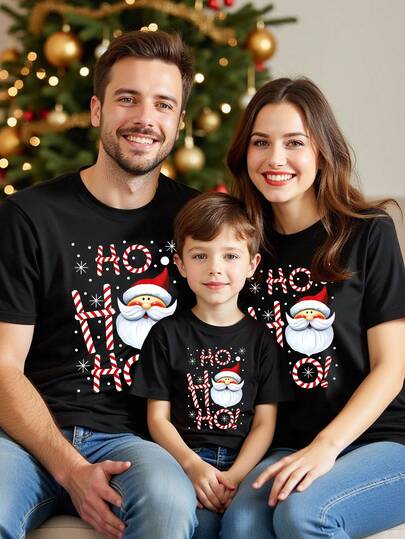 SHEIN 圣诞快乐幼儿男童时尚卡通可爱闪光圣诞快乐字母和圣诞老人，圣诞树印花基本款短袖 T 恤，适合圣诞派对和所有季节，新年快乐