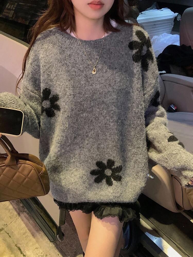 Teen Girl Casual Floral Pattern Round Neck Drop Shoulder Sweater, Autumn/Winter