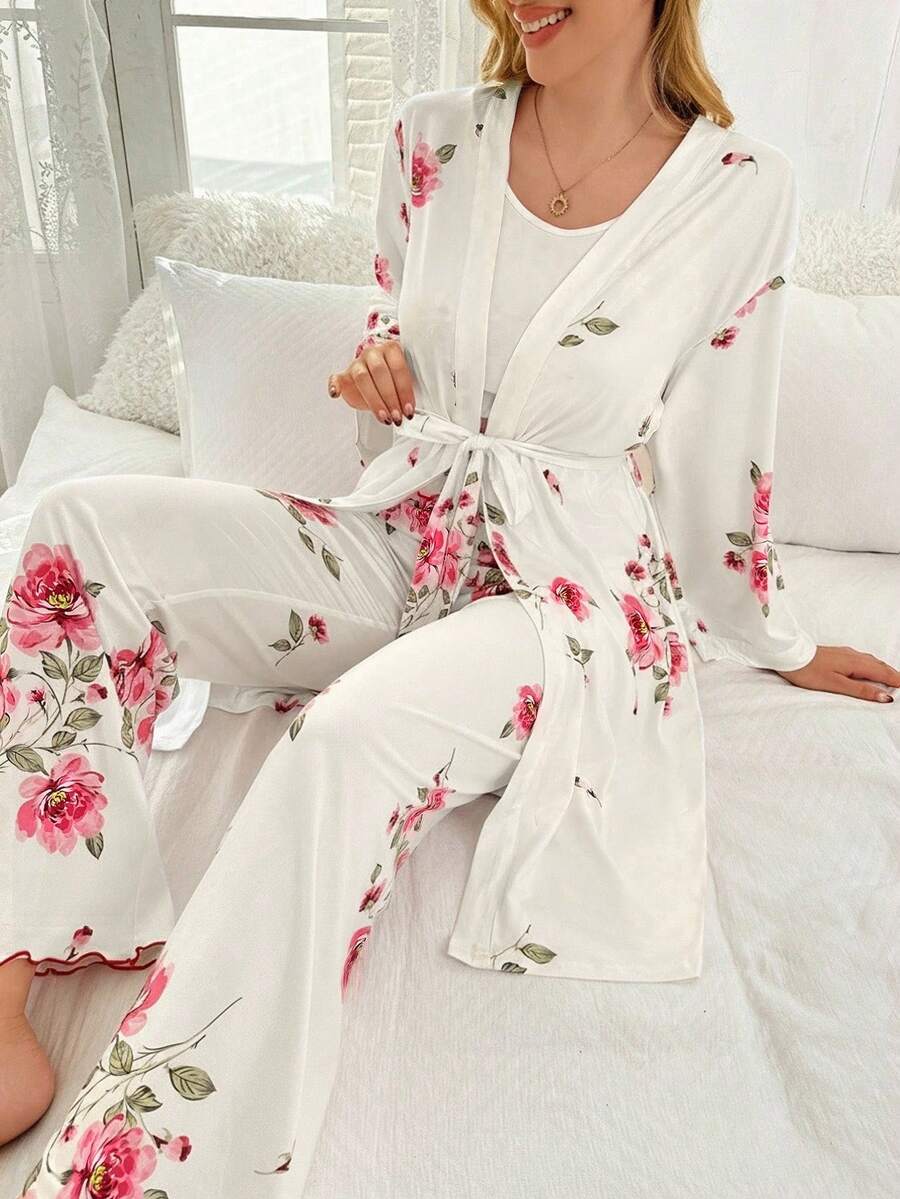 SHEIN Bộ đồ ngủ in hoa dệt kim thoải mái, áo hai dây, quần và áo choàng, bộ đồ ngủ họa tiết hoa, quần áo thu đông - Màu be - Xem 1