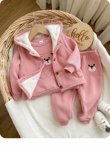 3 pièces Ensemble de vêtements pour bébé fille avec capuche, motif de dessin animé mignon, pantalon à taille élastique et gilet à capuche, automne/hiver - Rose bonbon - Voir 6