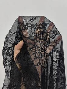 Viva Relle 大码女式低胸长袖缎面蕾丝拼布镂空花卉荷叶边中长款黑色连衣裙，优雅复古休闲派对鸡尾酒礼服 - 黑色 - 查看 9
