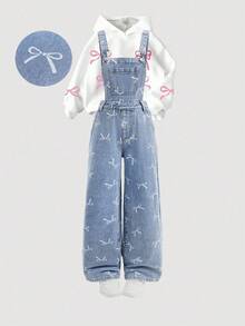 Girlism Tween Girls Fashion Casual Y2k Vintage Cool Street Returns To School College Bow Pattern Design Blue Denim Overalls For Tween Girl Clothes Tween Girls Soft Dailywear And Tween Girl Winter And Fall Rave Outfits Festival And Outfits Streetwear School Clothes - Blue - View 1