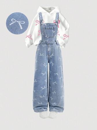 Girlism Peto de mezclilla azul con diseño de lazo para niñas preadolescentes, ropa casual de moda Y2K vintage y cool para volver a la escuela, universidad y uso diario, atuendos de rave y festivales para niñas preadolescentes en otoño e invierno