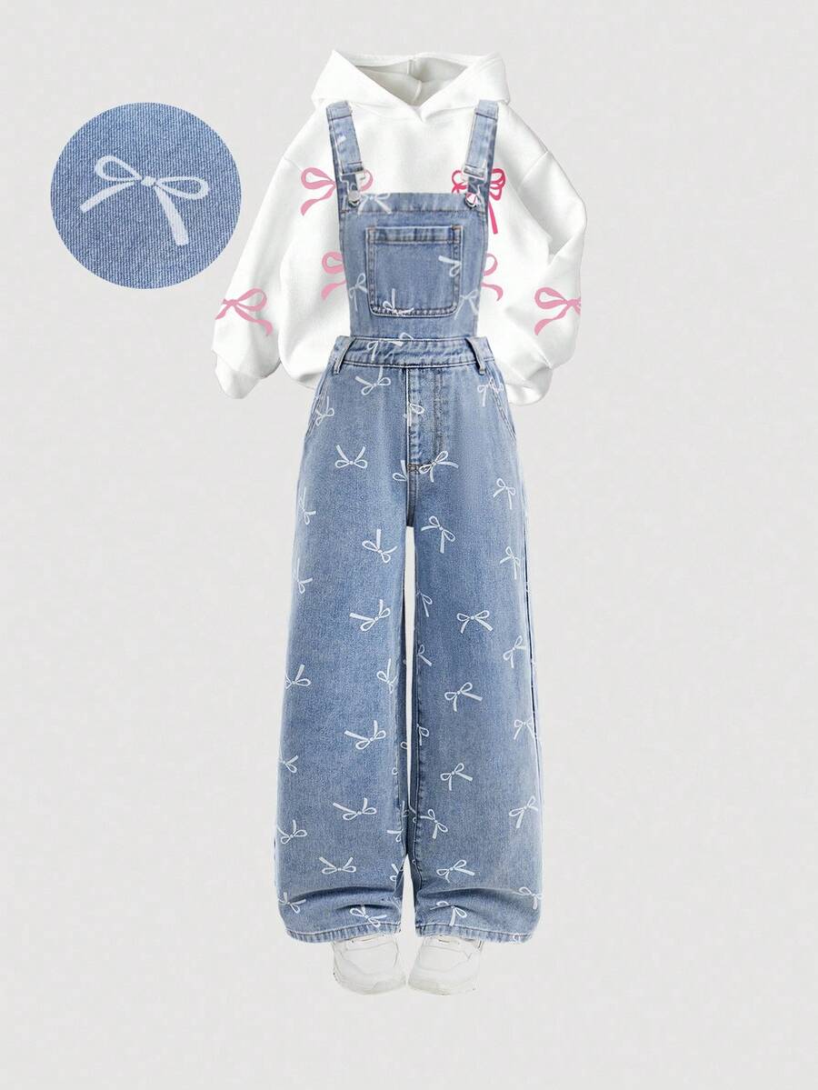 Girlism Tween Girls Fashion Casual Y2k Vintage Cool Street Returns To School College Bow Pattern Design Blue Denim Overalls For Tween Girl Clothes Tween Girls Soft Dailywear And Tween Girl Winter And Fall Rave Outfits Festival And Outfits Streetwear School Clothes - Blue - View 1