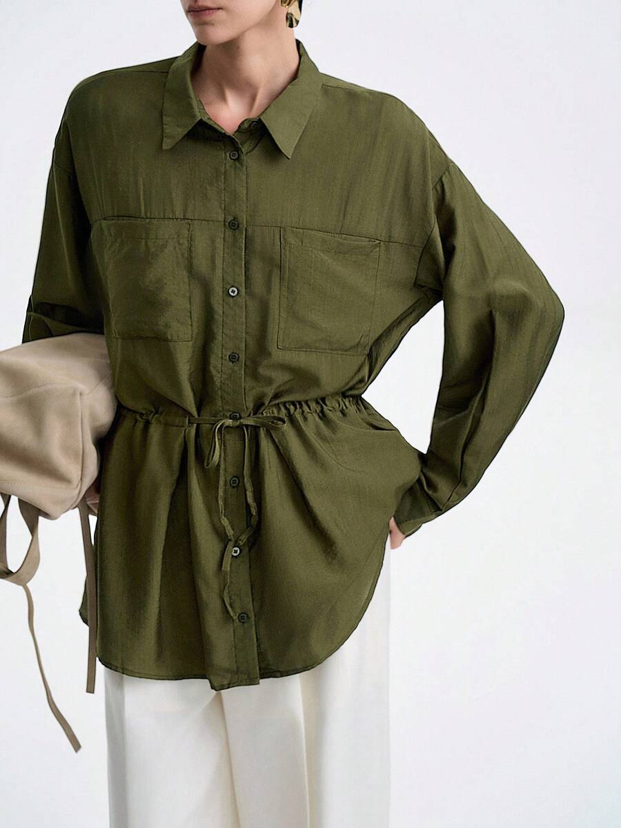 Aalyst Women's Elegant French Style Luxury Casual Shirt Dress, Minimalist Design, Suitable For Party, Vacation, Workplace, Lightweight, Solid Military Green, Shirt Collar, Front Opening, Pockets, Waist Drawstring, Flared Hem, Long Sleeve, Maxi Length, Spring/Autumn/Winter