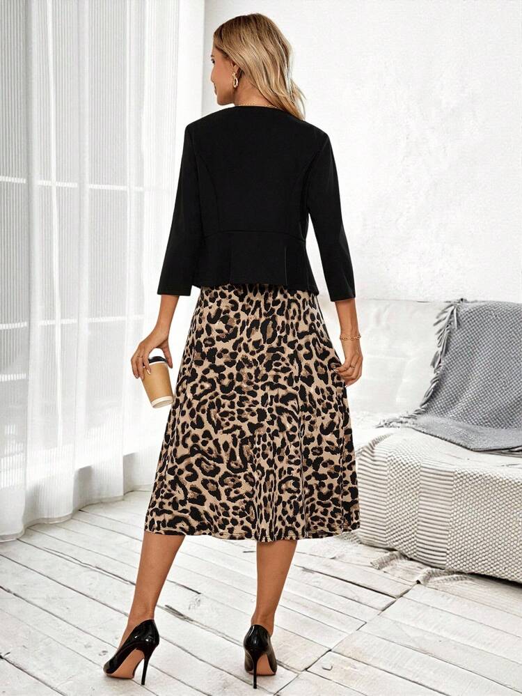 Veste à col ouvert à manches 3/4 de couleur unie et robe sans manches imprimée léopard, ensemble élégant 2 pièces pour femmes, automne