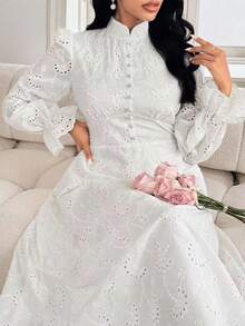 Modelyn Plus Size Women French Style Mandarin Collar Embroidered Puff Sleeve Dress Fall - White - View 4