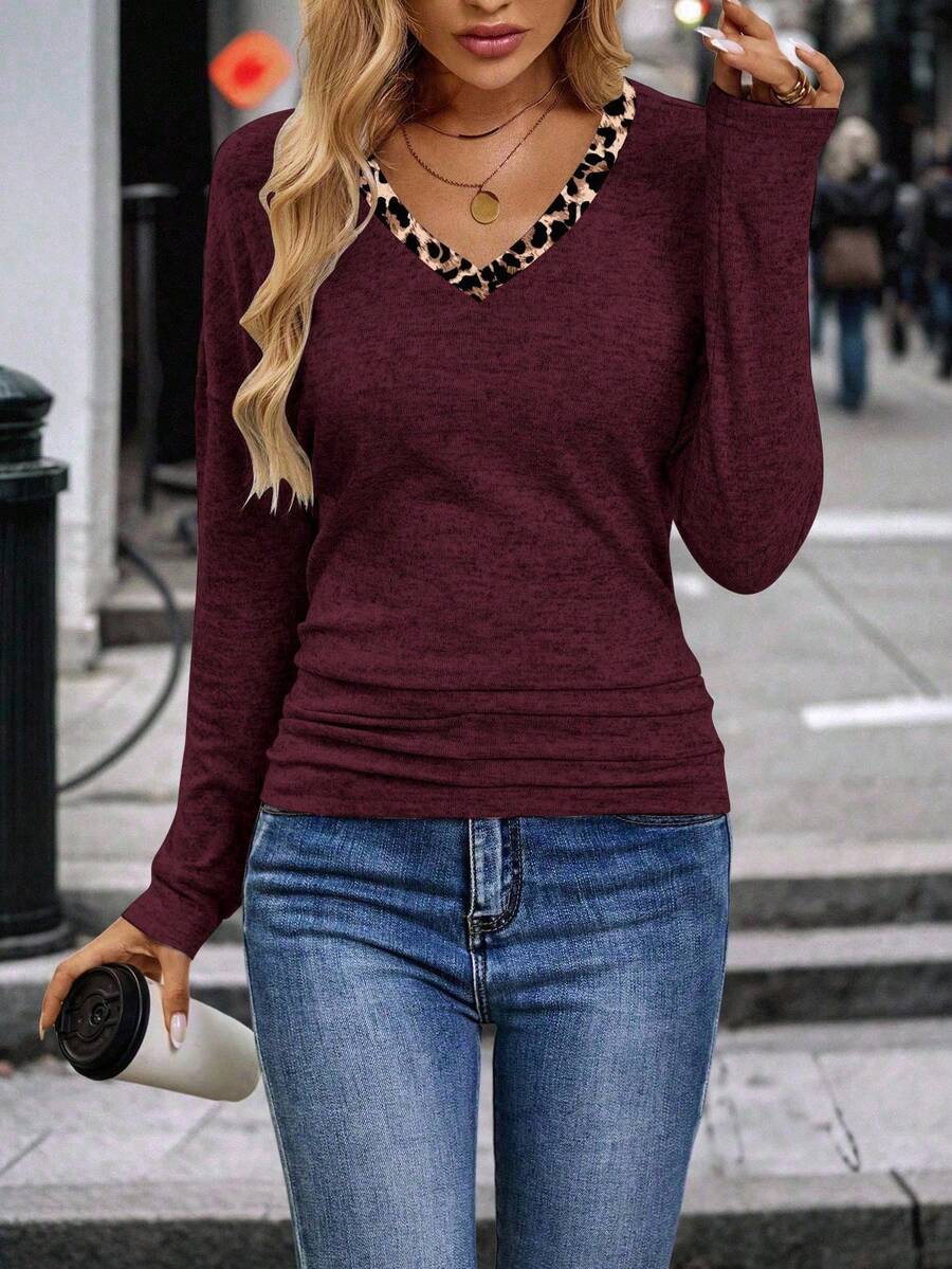 EMERY ROSE 女式豹纹拼布V领长袖休闲褶皱T恤 - 彩色 - 查看 1