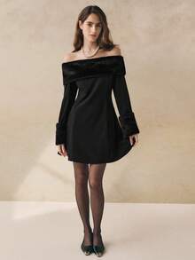 INAWLY Elegant Solid Color Fur Collar Off-Shoulder Dress, Autumn/Winter - Black - View 4
