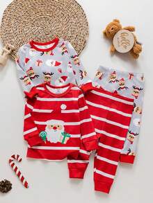 SHEIN Set de lenjerie de casă tricotată cu 4 buc. pentru bebeluși, model drăguț de desene animate, Crăciun, cu mânecă lungă
