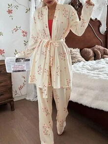 CottageSlumber Bộ đồ ngủ gồm 3 món áo hai dây dệt hoa nhỏ xinh xắn dành cho nữ, quần và áo choàng, đồ ngủ mùa đông - Nhiều màu - Xem 4