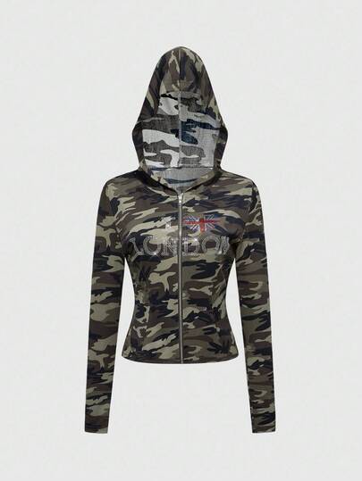 J-Fashion Veste zippée ajustée à capuche avec imprimé camouflage Y2K pour femmes