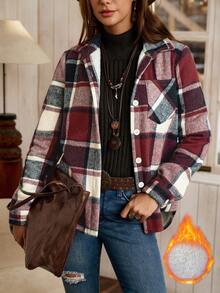 LanaWest 女式纽扣前格子印花长袖口袋休闲夹克，日常休闲女式衬衫 - 酒紅色 - 查看 6