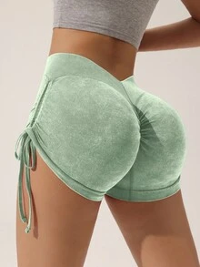Slayform Pantalones cortos deportivos con elevación de glúteos, sin costuras, de alta elasticidad y con cordón lateral - Verde - Ver 5