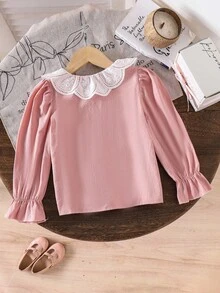 SHEIN 1 件女童纯白色蕾丝边休闲衬衫，精致荷叶边大彼得潘领，秋季可爱日常百搭衬衫 - 粉色 - 查看 2