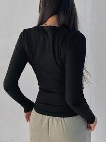 Dazy Star Women's Solid Color Embroidered Crew Neck Ruched Fitted Long Sleeve T-Shirt - Black - View 3